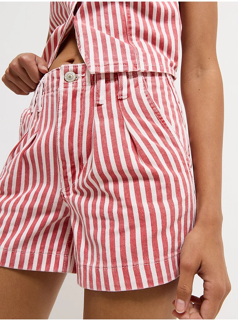 Red Stripe Pleat Front Denim Shorts - Image 2