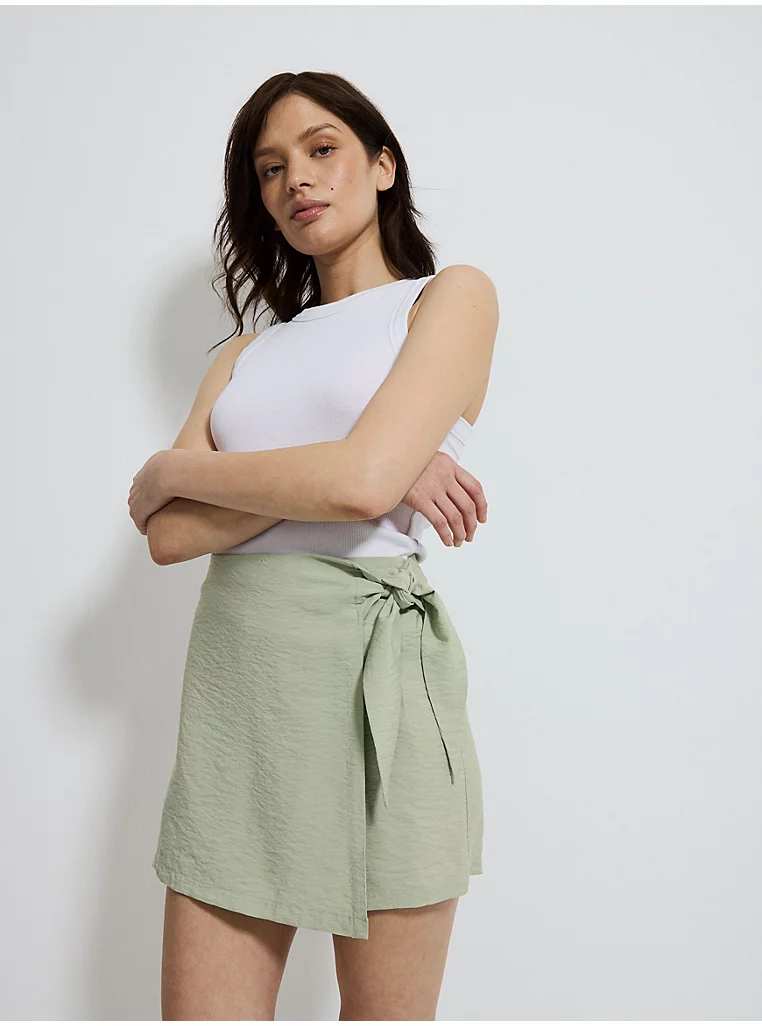 Sage Green Crinkle Lightweight Wrap Over Skort