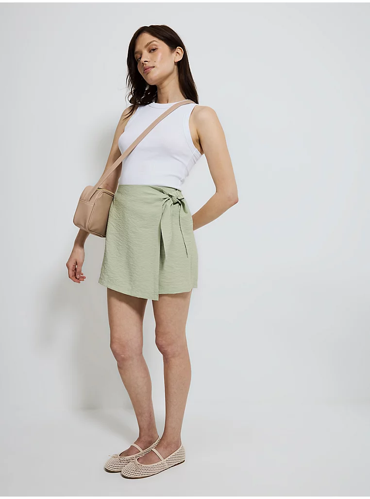 Sage Green Crinkle Lightweight Wrap Over Skort - Image 4