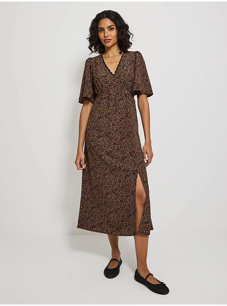 Animal Print Flutter Sleeve V Neck Midi Dress