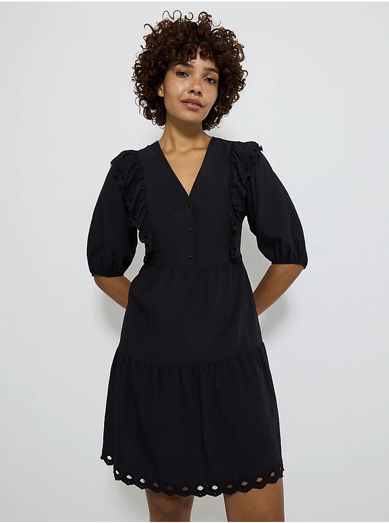 Black Crinkle Frill Boho Puff Sleeve Mini Dress